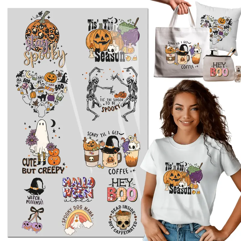 12Pcs Iron on Decals Halloween Pumpkin Skull Design for Clothing Heat Transfer Stickers Iron on Decals Washable DIY DTF transfers Ready to Press