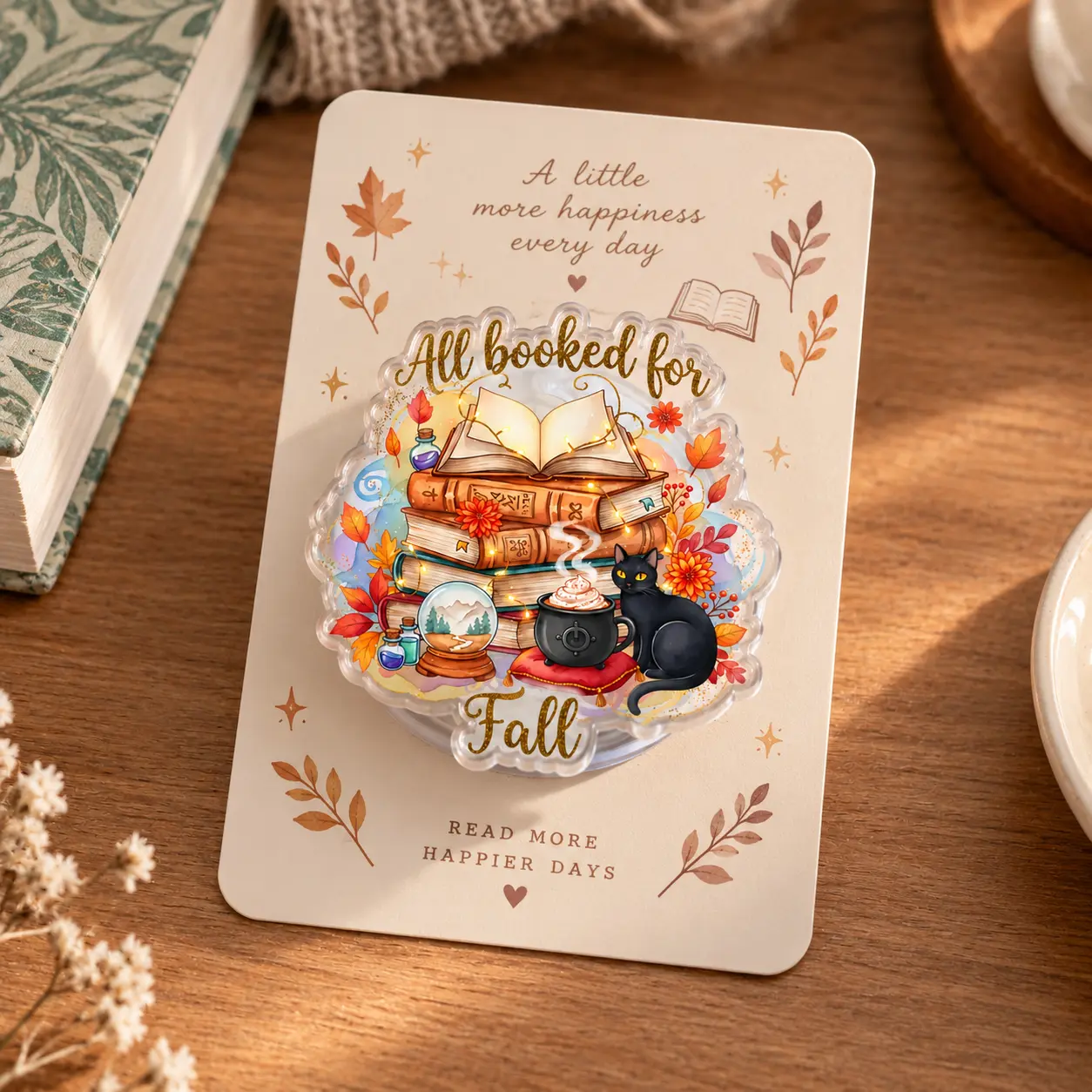 Fall Book Lover Phone Grip, Stacked Books & Black Cat Kindle Grip, Autumn Phone Holder, Halloween Reading Accessory, Acrylic Phone Accessory