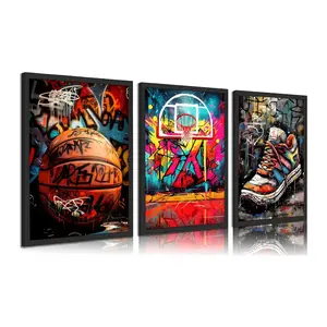 3pcs/set Frameless Graffiti Basketball Crown Canvas Print Wall Art Poster Artistic Modern Kitchen Cafe Bar Paintings for Bedroom Living Room Decor Aesthetic