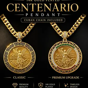 14K Gold Plated 50 Pesos Centenario Upgraded Cuban 2.6" Centenary Pendant Fashion Chain Unisex Jewelry Gold Coin Necklace