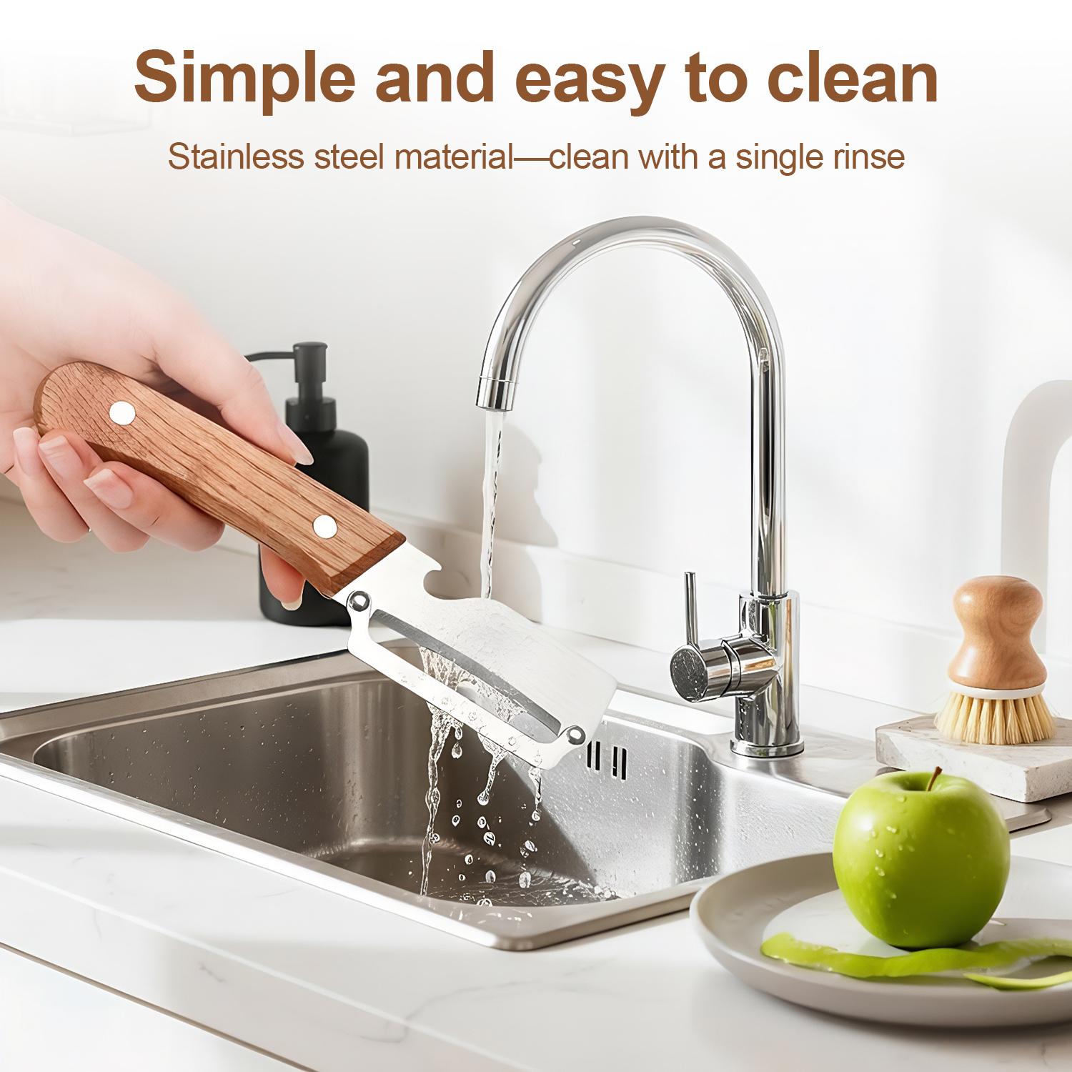 2-in-1 Fruit & Vegetable Peeler with Bottle Opener, Sharp Stainless Steel Blade, Wooden Handle, Ergonomic Non-Slip Comfort Grip