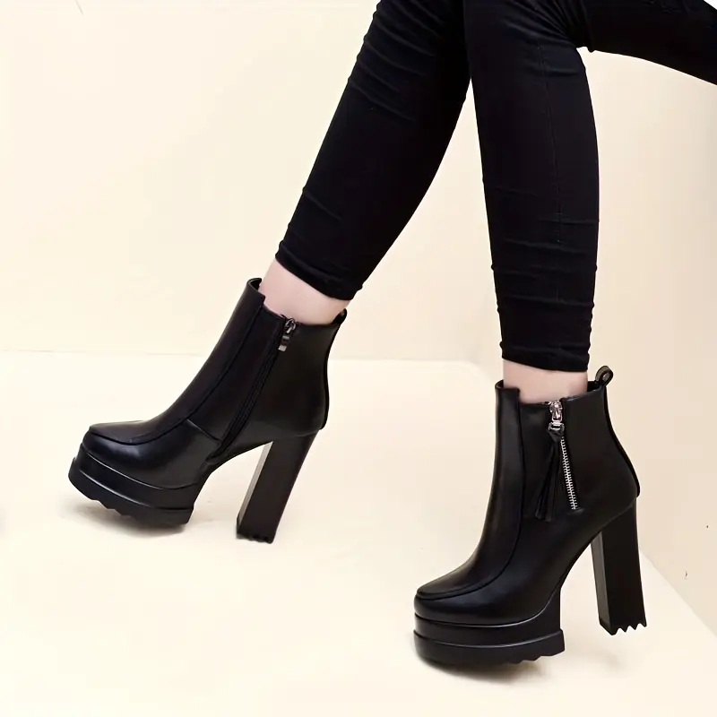 [High Heel Ankle Boots] High Quality Black Elegant Women's Block Heel Ankle Boots | Winter Platform High Heels with Side Zipper, Square Toe & Faux Cover Upper, Perfect for Dressy Occasions Walking Shoes Footwear