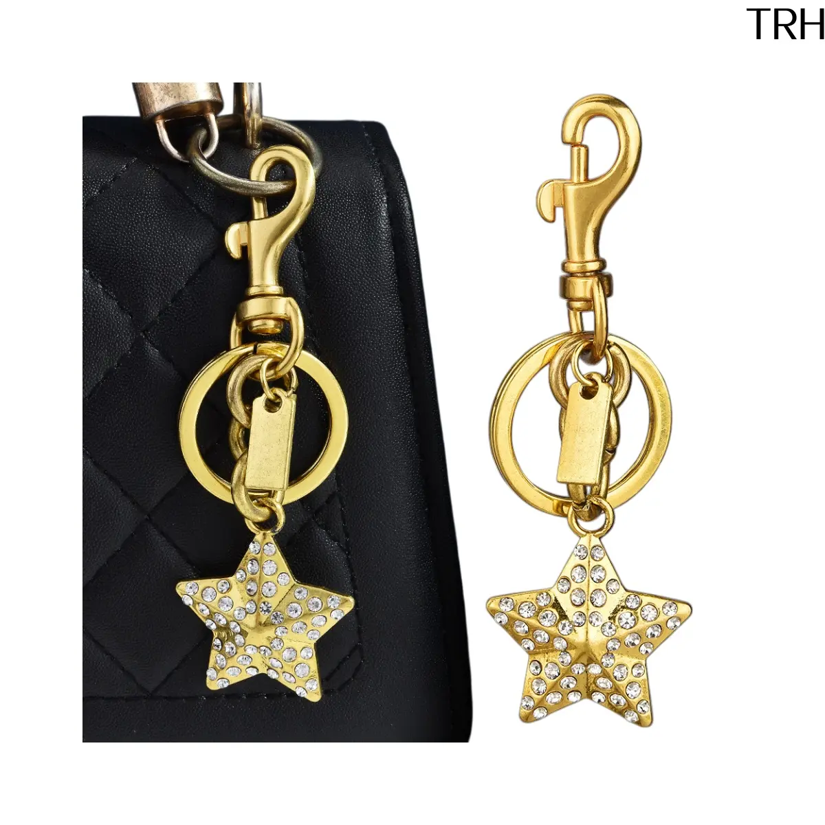Vintage Full Rhinestone Five-Pointed Star Keychain for Women, Sparkly Alloy Bag Charm with Lobster Clasp & Double Key Rings, Shiny Purse Pendant Y2K Accessory for Car Keys Handbags Daily Gift