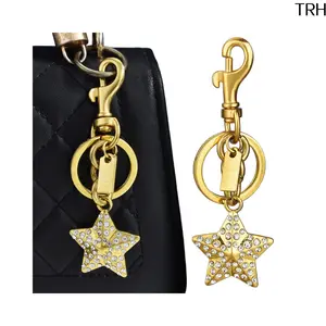 Vintage Full Rhinestone Five-Pointed Star Keychain for Women, Sparkly Alloy Bag Charm with Lobster Clasp & Double Key Rings, Shiny Purse Pendant Y2K Accessory for Car Keys Handbags Daily Gift