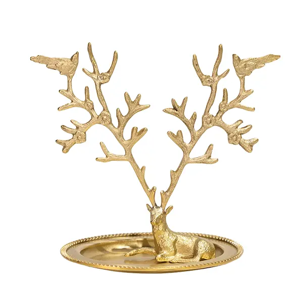 Brass Deer Antler Jewelry Stand with Tray, Vintage Bird Branch Jewelry Holder, Necklace Earring Ring Trinket Organizer, Vanity Table Decor