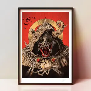 Creepy Demon Skull Monster Wall Art, Gothic Halloween Poster, Horror Red Background Dark Spirit Prints No Framed