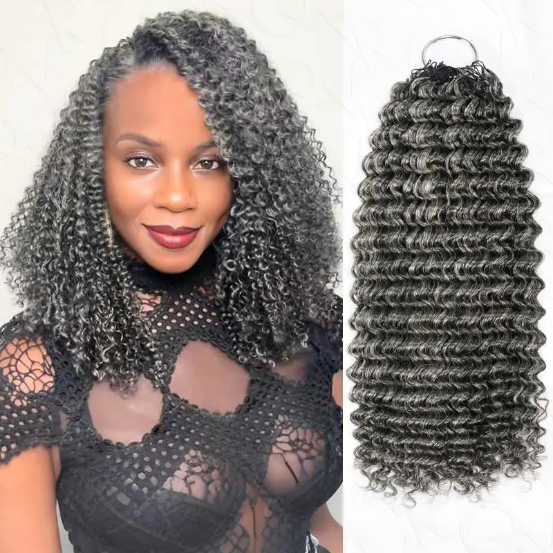 QVR Feather Crochet Extensions, Small Kinky Curly Machine-Made Human Hair Salt Pepper Hair Pieces for Stylish Looks, Feather Crochet Hair