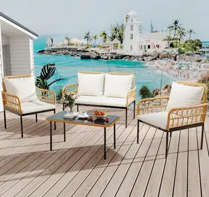 Boho Style 4-Piece All-Weather Wicker Outdoor Patio Furniture Set - Loveseat, Chairs, Glass Side Table, Detachable Cushions for Balcony, Backyard