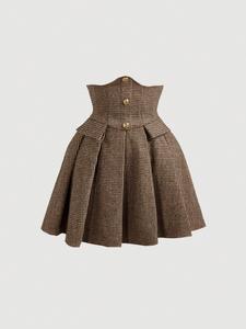 women's plaid print button pleated a line skirt, retro high waist short skirt for daily outdoor wear, women's skirt for spring & fall