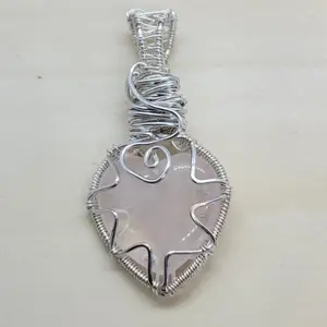 Rose quartz crystal necklace, wire wrap, silver wire, natural crystal