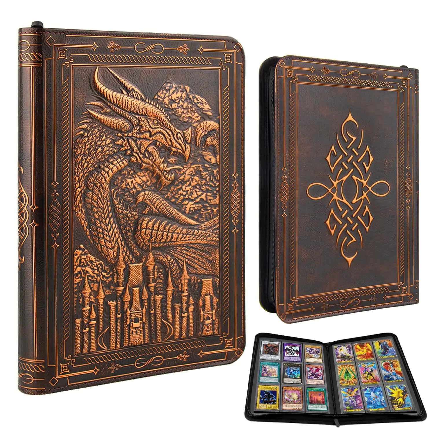 360 Pockets 9-Pocket Card Binder, 3D Embossed PU Leather Album with Zipper, Side Loading Trading Card Holder for TCG, MTG, Lorcana, Collectible Cards (Dragon Castle Design, Reddish Brown)