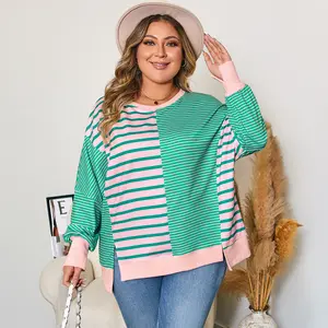 ‌Plus Size Striped Color Block Sweatshirt with Side Slit & Asymmetric Hem