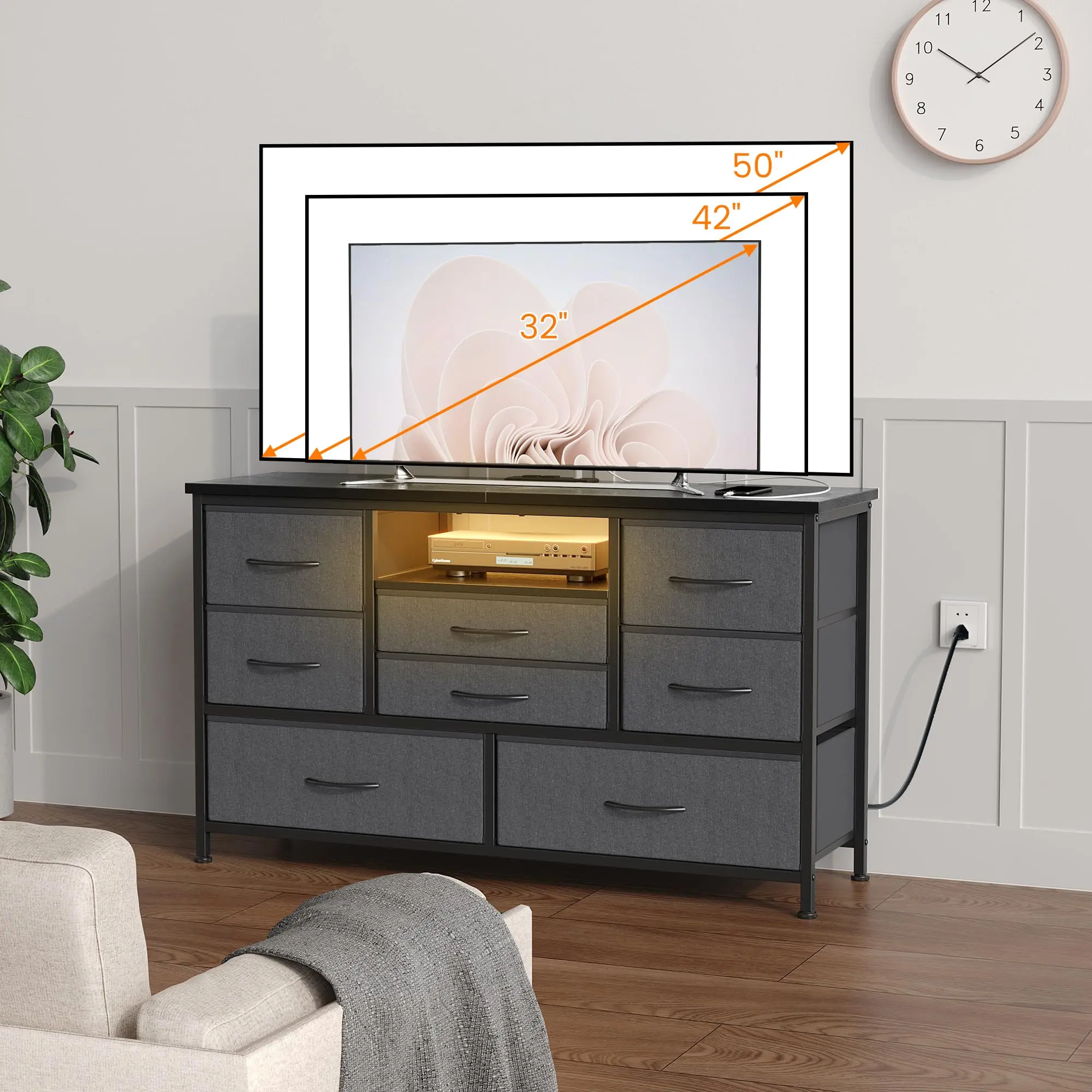 Grey 8 Drawer Dresser TV Stand with LED & Power Outlet for 55" TV | Wood Top Console Table with 22 Light Modes | Wide Storage Chest for Bedroom, Living Room & Entryway - TikTok Shop Grey 8 Drawer Dresser TV Stand with LED & Power Outlet for 55" TV | Wood Top Console Table with 22 Light Modes | Wide Storage Chest for Bedroom, Living Room & Entryway - TikTok Shop