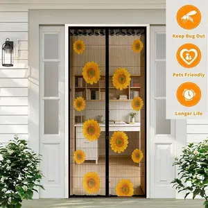 Automatic Closing Magnetic Screen Door, Strong Magnet Design, Sunflower Print with Lace Edge, Pet Friendly, Home & Garden Use