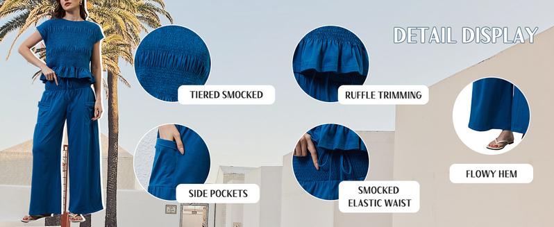 Yeokou Women’s 2-Piece Smocked Top & Wide-Leg Pants Set–High-Waisted Lounge Outfit with Pockets Casual Boho Matching Set