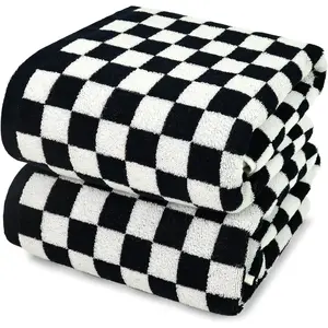 Black and White Checkered Cotton Bath Towels Set of 2 - Cute Aesthetic Towels for Bathroom Decor, Pool, Beach, Spa, 27.5" x 55"