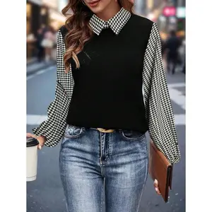 Women Elegant Houndstooth Textured Collar Long Sleeve Casual Office Shirt Fall Cloth For Women