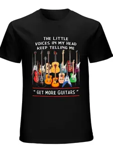 Men's Electric Guitar Accessories Bundle with Stand, Picks & Strap + Music-Themed T-Shirt Suitable for Musicians, Gift for Guitar Lovers, Casual Round Neck Short Sleeve Tee with "Get More Guitars" Slogan & Guitar Graphics, Machine Washable