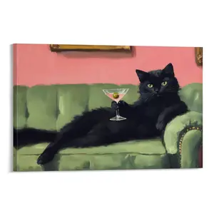 Funny Poster Art Print Black CatMartini Vintage Quirky Humor Bar Cart Wall Decor Cute Animal Painting Picture Print Artwork for Bedroom Living Room Bathroom home wall poster print canvas posters  room  decor  art