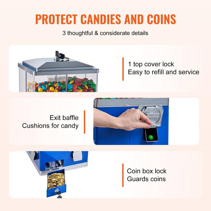 VEVOR Commercial Vending Machine,  , Four Compartment Rotatable Gumball and Candy Dispenser, Adjustable Height Coin Operated Candy Bank with Iron Stand, for Business Toy Capsules Bouncy Balls Nut, Blue