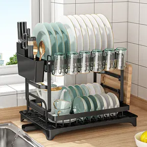 2 Tier Dish Drying Rack for Kitchen Counter Metal Dish Racks Drainers with Knife Cup Utensil Holder, Space-Saving Home Decor (1 Count) Steel Organiser Black