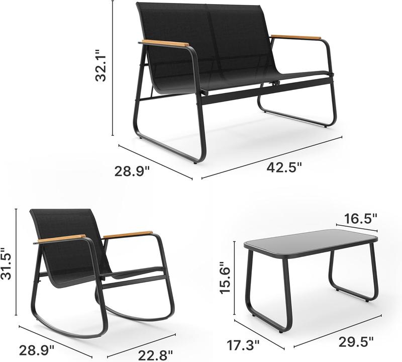 Gizoon 4-Piece Patio Furniture Set, Textilene Outdoor Conversation Set with 2 Rocking Chairs and Tempered Glass Coffee Table, for Lawn, Garden, Balcony, Poolside (Black)