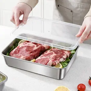 Stainless Steel Food Storage Containers Set with Clear Lids, 6 Pcs Stackable Refrigerator Organizer Trays for Deli Meat, Cheese, Bacon, Bakery and Snacks, Reusable Metal Food Containers for Kitchen, Picnic and Travel, Freezer, Oven and Dishwasher Safe