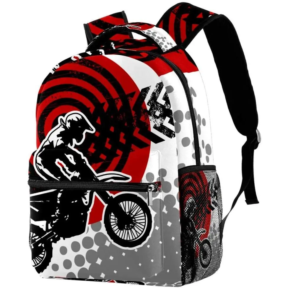 Modern Motocross Backpack for Boys & Girls, Water-Resistant Synthetic Daypack with Zip Pockets for School & Travel, Great Unisex School Gift, Waterproof, School Gifts