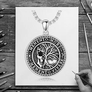Memento Necklace for Men 925 Sterling Silver Memento Vivere Pendant Necklace Gothic Skull Pendant Amulet Jewelry -Gold