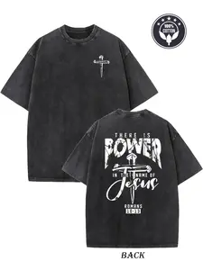 Men's Heavyweight 230gsm Cotton Vintage Washed T-Shirt - Dual-Sided "The Name of Jesus" & Cross Graphic Print, Loose Fit Hip Hop Streetwear Tee with Falling Shoulder Design, Machin y2k,Vintage,Streetwear Christmas gift,Thanksgiving gift,Cyber Monday