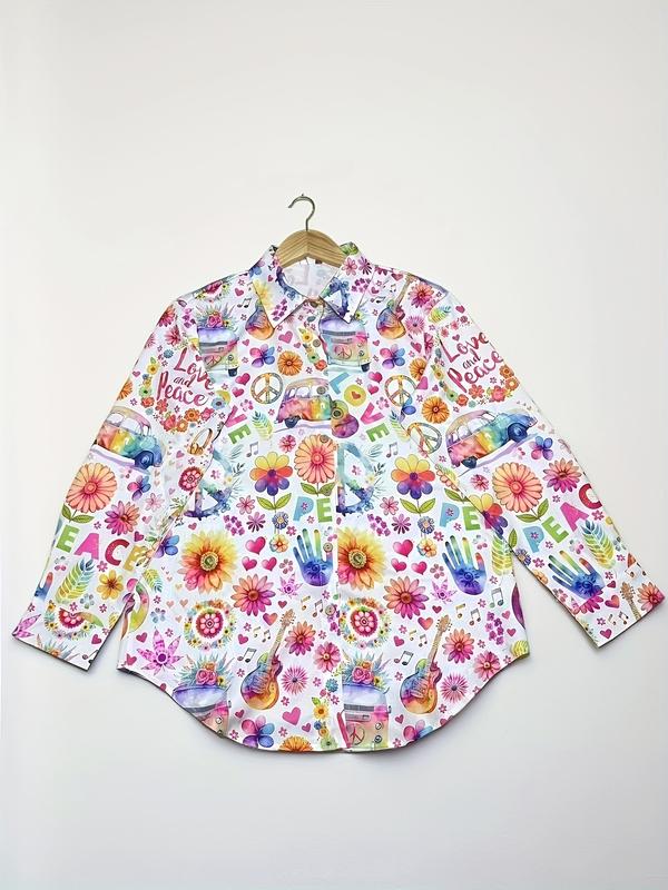 Women's Bohemian Style Printed Long Sleeve Shirt, Vibrant Peace Love Design, Casual Button Up for All Seasons