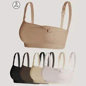 5 PCS Ribbed Nursing Bras for Breastfeeding, Maternity Wireless Bras with One-Handed Clasp, Adjustable Straps, Postpartum Daily Wear Essentials