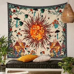 Sun & Mushroom Print Tapestry, Vintage Hanging Blanket, Wall Hanging Decor for Home Living Room Bedroom