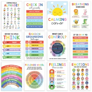 Kyleray 12 Pcs Durable Indoor Calming Posters - ESL Learning Materials, Emotions Chart, Feelings Wheel, Classroom Decoration for Preschool Kids to Develop Essential Emotional Skills