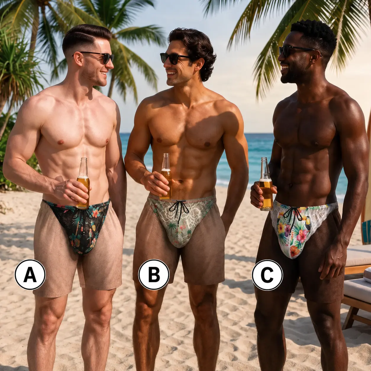 Funny Thong Swim Trunks for Men, Tropical Fake Body Beach Shorts, Bachelor Party Gag Gift