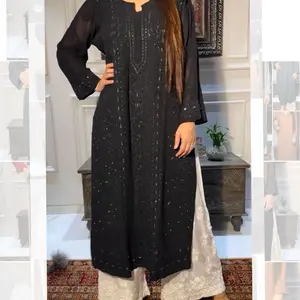 SUMMER RUNNING WEAR SPECIAL TRENDING KURTA PLAZZO SET WITH EMBROIDERY AND FOIL THREAD WORK in Black Color