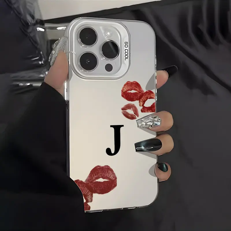 Letters J Sexy Lips Aesthetic Silicone Protective Cellphone Case, Full Body Anti-Scratch PC Cover, Mobile Phone Accessories Casing for iPhone 16 Pro Max, 15 Plus, 14, 13, 12, 11, XR, XS, Gifts for Women, Shockproof