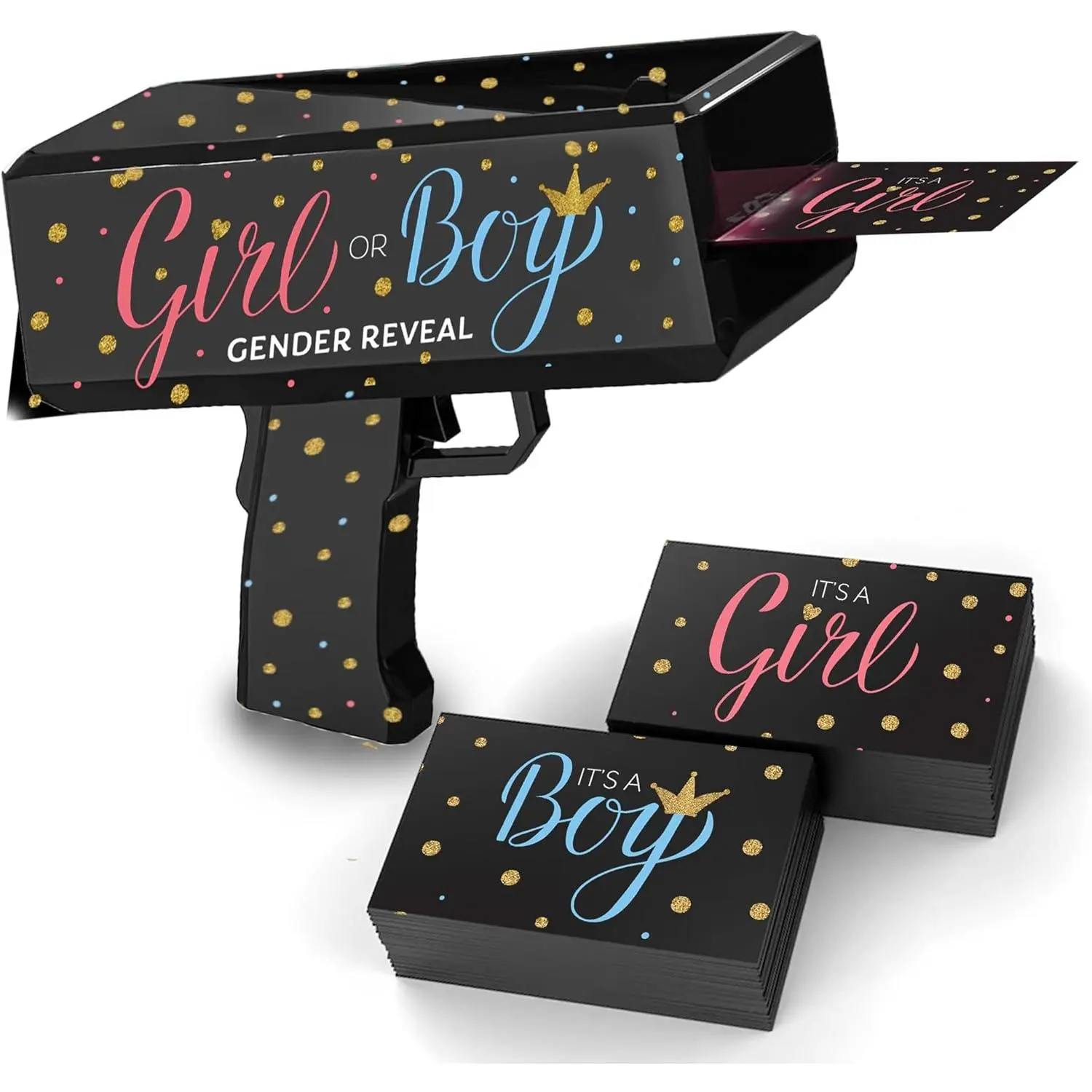 Gender Reveal Confetti Card Gun – "It’s a Boy" or "It’s a Girl" Cards Launcher – Fun Gender Reveal Party Prop, Shower Supplies for Team Pink or Blue – Boy or Girl Announcement Blaster