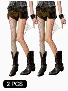Rainbow Net Pantyhose, High Stretch Mesh Stockings, Hollow Out with Rhinestones, Perfect for Halloween Party, Carnival, Music Festival