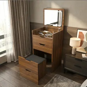 3-in-1 Makeup Vanity Desk with Flip-Top LED Mirror & Stool, Space-Saving Nightstand Combo, Glass Top, Storage Drawers & Hidden Jewelry Organizer – Perfect for Small Spaces (Walnut)