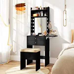 COSTWAY-Small Vanity Desk, Compact Makeup Vanity with Mirror & LED Lights, Cushioned Hidden Storage Stool, Side Table, Power Outlets-Springtok
