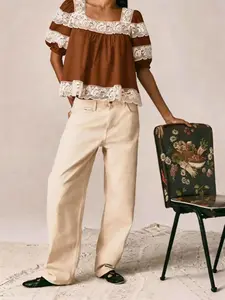 French Romantic Deep Blue Lace Patchwork Top, Square Neck Bubble Sleeve Loose Doll Shirt, Elegant Casual Women's Blouse