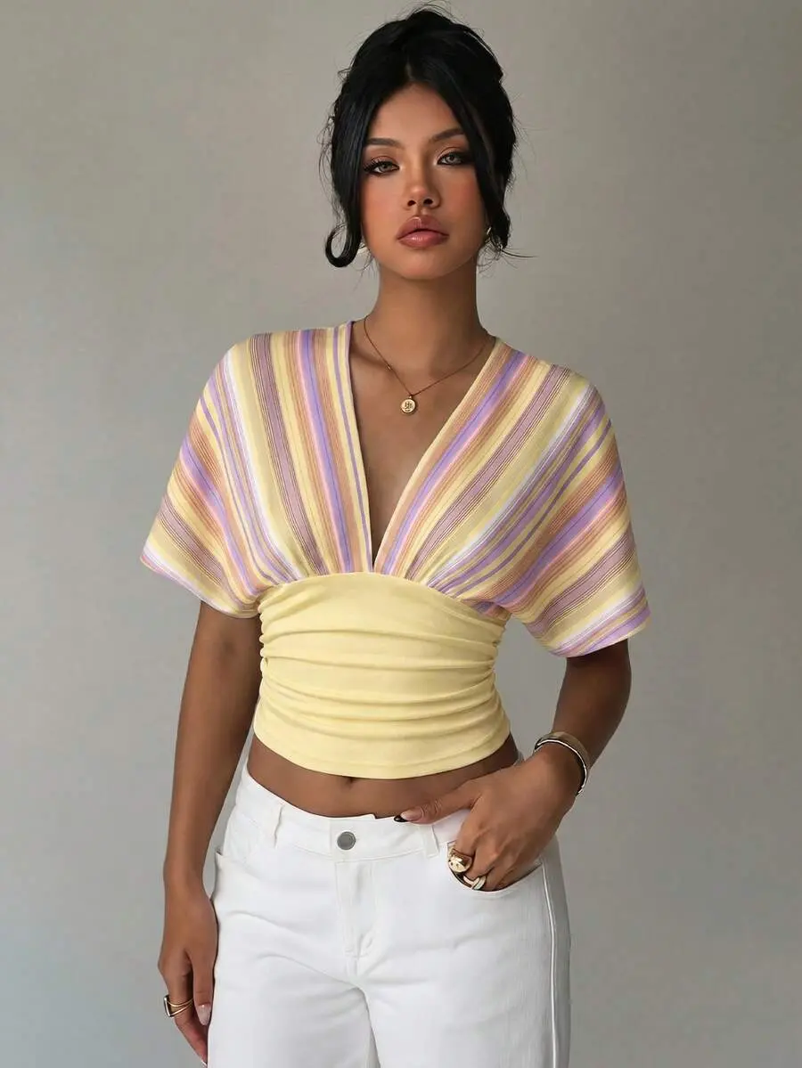 XLAIS Women's Deep V-Neck Color Block Pleated Casual Versatile Daily Wear T-Shirt,Summer Top