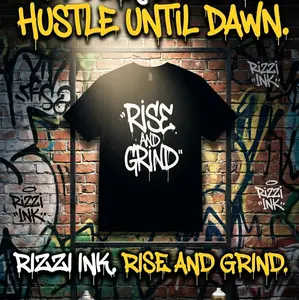 Rizzi Ink Rise and Grind T-Shirt - Black Crew Neck Short Sleeve with "Rise and Grind" Design, Casual Style for Men