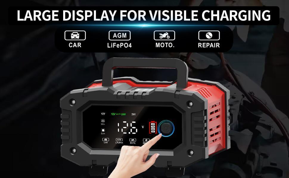 12V and 24V Car Battery Trickle Charger, Battery Charger 20 Amp Lifepo4 Float Fully-Automatic Smart Charger, Maintainer/Pulse Repair Charger for Car, Boat, Motorcycle, Lawn Mower