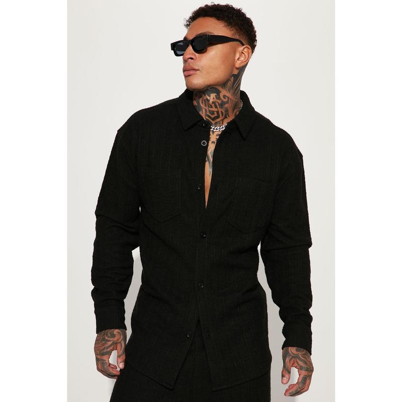 Dean Textured Long Sleeve Button Up Shirt - Black