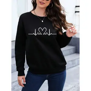 Valentine's Day Ladies Simple ECG Printed Round Neck Long Sweatshirt Geometric Pattern Casual Wear Micro Elastic Knit Fabric