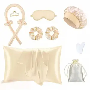 Heatless Curls Overnight Hair Curlers with Satin Pillowcase for Hair and Skin Queen Set, Sleeping Bonnet Eye Mask and Face Massager, 11pcs Hair Styling Tools Set for Sleeping