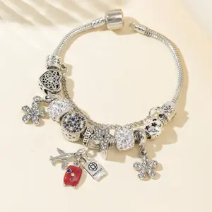 Travel Theme Beaded Bracelet with Airplane Luggage Passport Charms Sparkling Rhinestone Jewelry Gift for Travelers