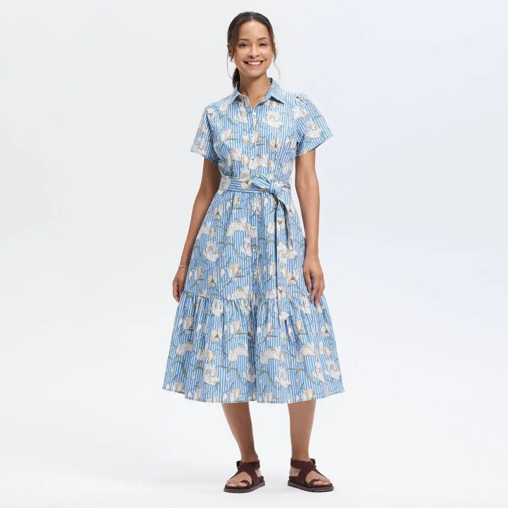 Women's Button-Down Short Sleeve Midi A-Line Dress - Universal Thread Blue Floral L